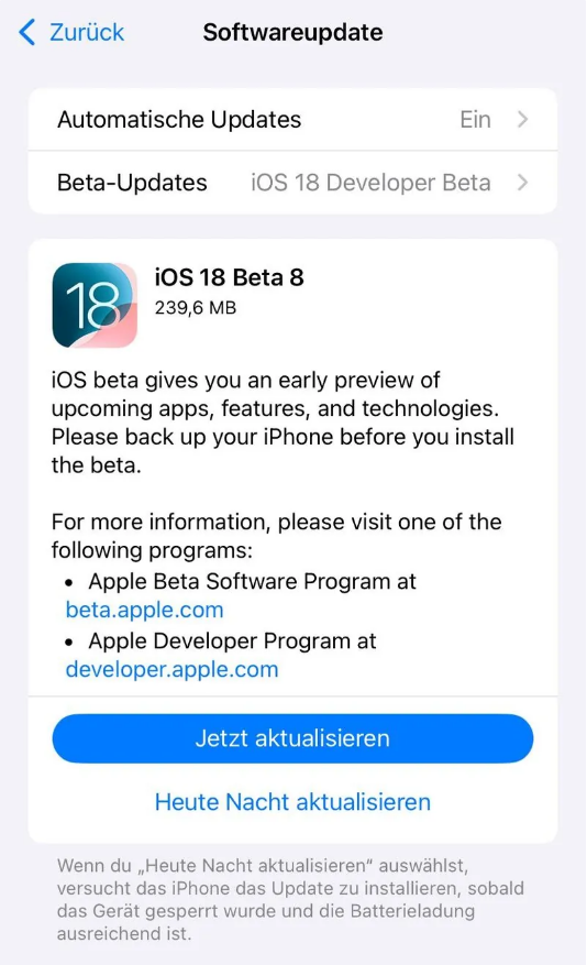 天峨苹果手机维修分享苹果 iOS / iPadOS 18 开发者预览版 Beta 8 发布 